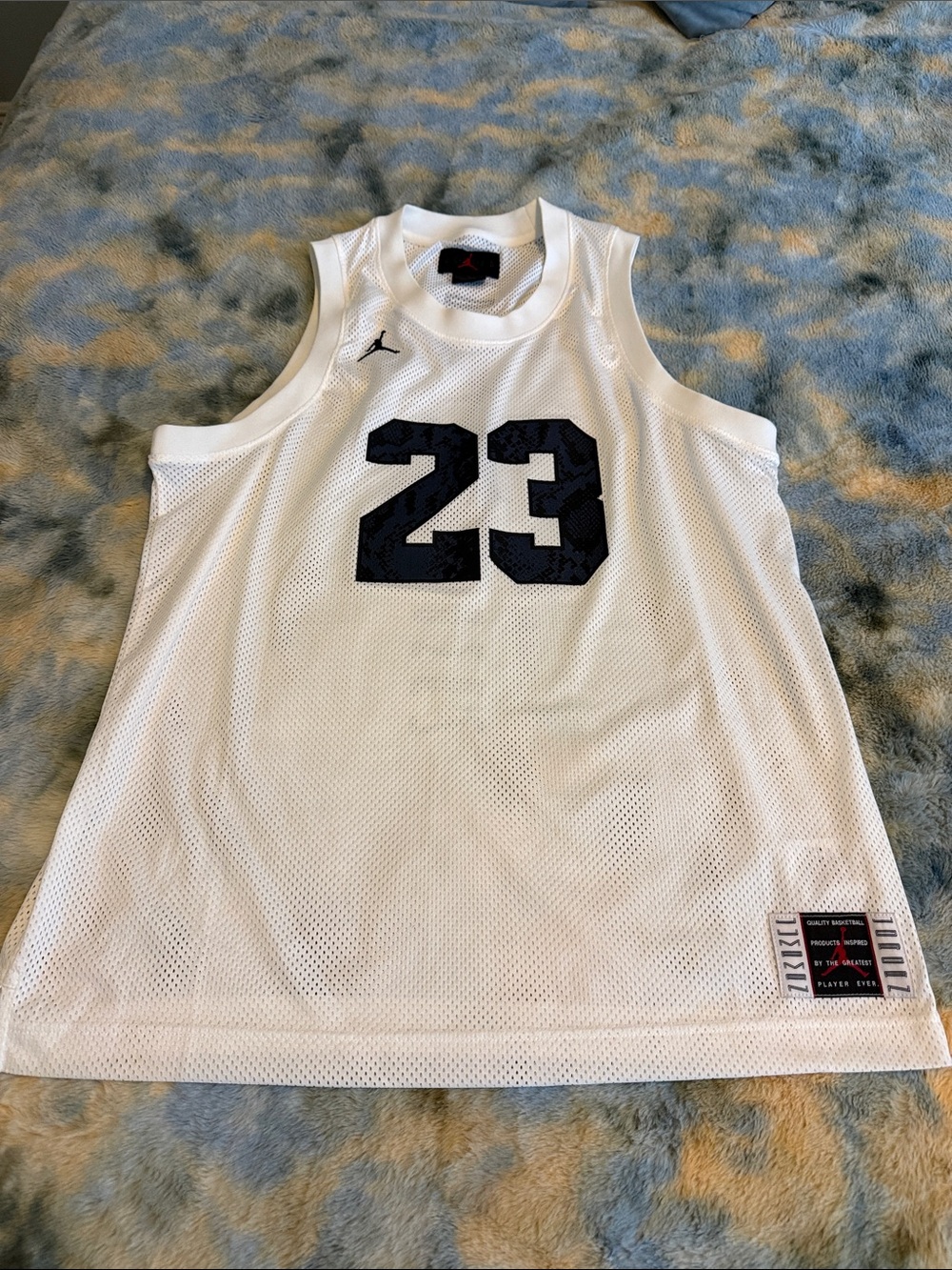 Jordan White Mesh Basketball Jersey with Navy 23